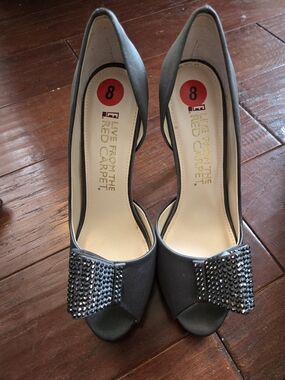 Gray Crystal-Embellished Peep-Toe Heels